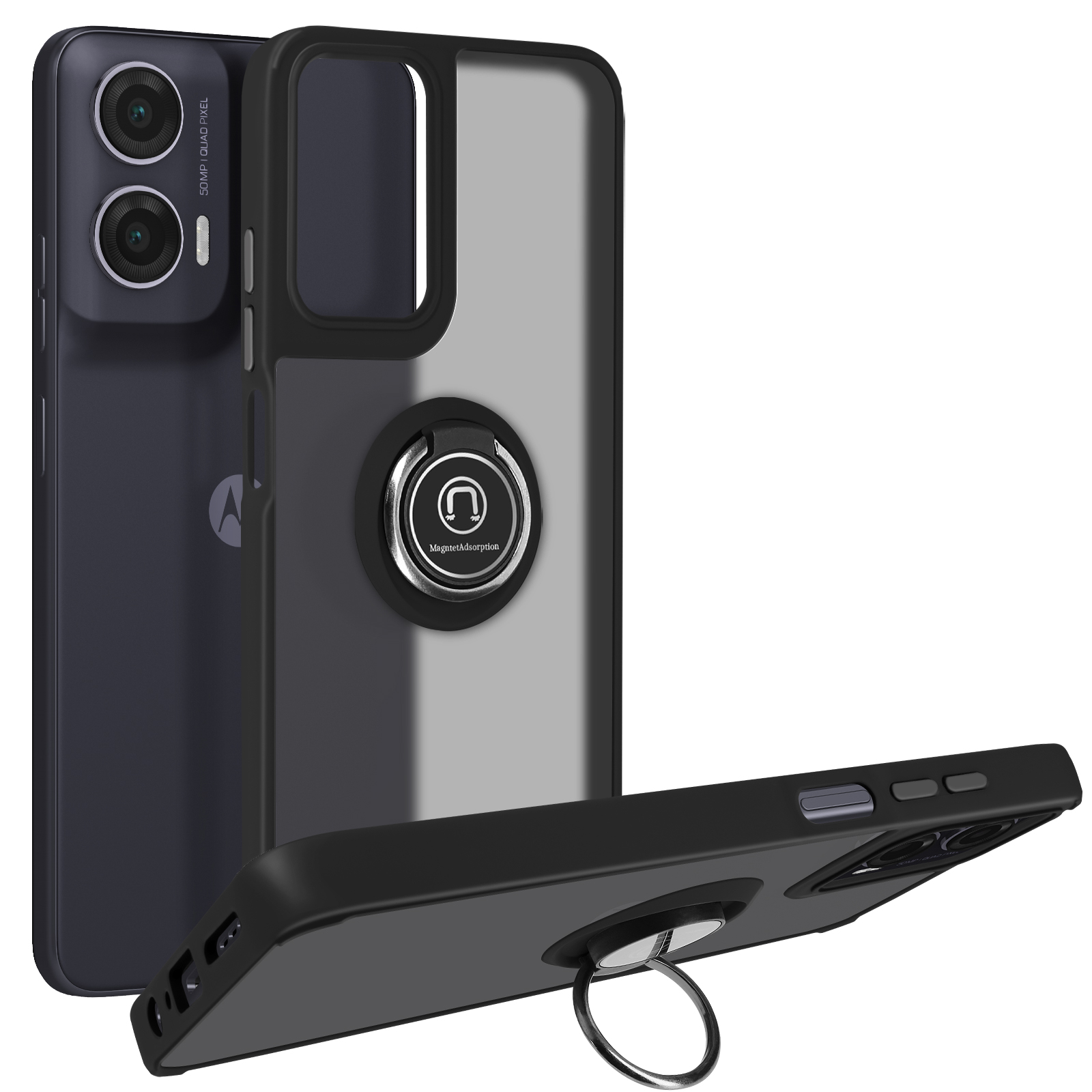 Coque Motorola Moto G35 à Bague Magnétique - Transparent Givré Noir